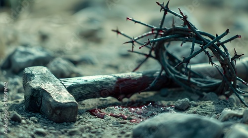 Passion of Jesus Christ: Hammer, Nails, and Crown of Thorns on Desolate Ground photo