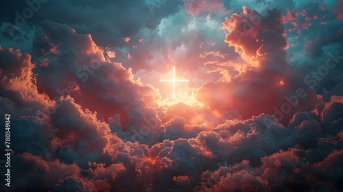 Radiant Resurrection: A Scene of Light Cross Shape in Clouds Marking Jesus' Ascension to Heaven
