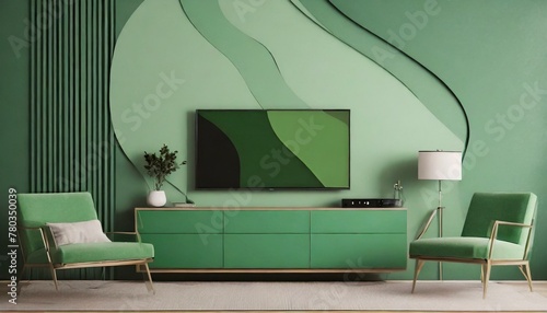 Sleek Minimalism  Green Wall-Mounted TV and Cabinet in Living Room 
