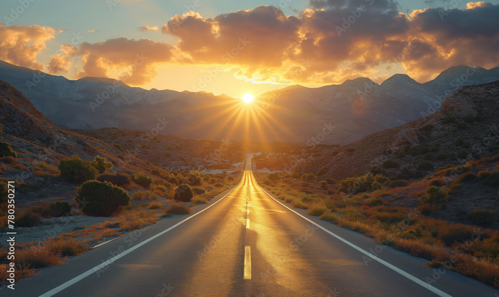 Outdoor road in diminishing perspective with mountain sunset background