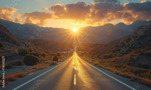 Outdoor road in diminishing perspective with mountain sunset background photo