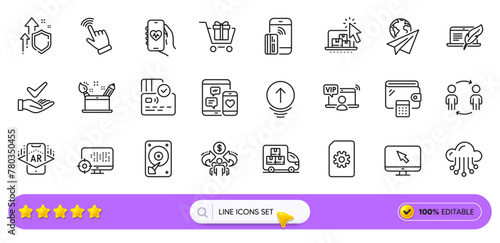 Internet, Contactless payment and Cursor line icons for web app. Pack of Health app, Paper plane, Seo pictogram icons. Augmented reality, File management, Copyright laptop signs. Search bar. Vector