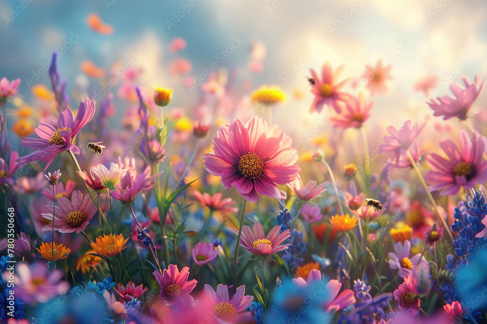 A thriving garden with colorful flowers, buzzing bees, and a peaceful atmosphere - obrazy, fototapety, plakaty 