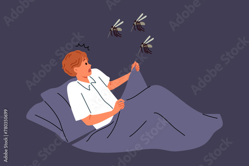 Mosquitoes will attack sleeping man lying in bed, and horrified by sight of giant flying insects. Guy nightmare with malaria mosquitoes carrying infections that cause illness or death