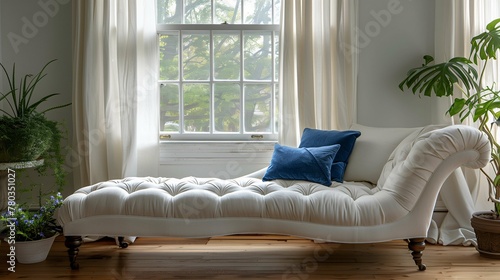 Elegant Chaise Lounge by Window with Natural Light and Greenery