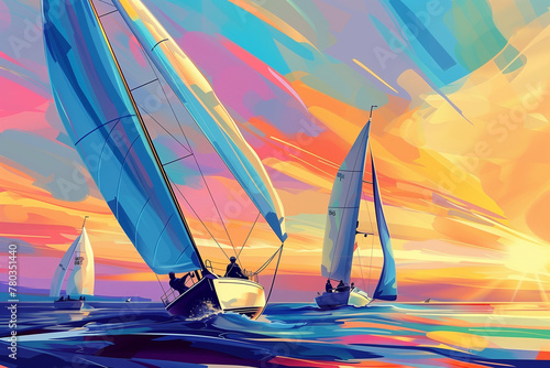 Sailing boats Competition across the lake the clear blue sky, strong winds, playful waves. Fantasy concept. generative ai