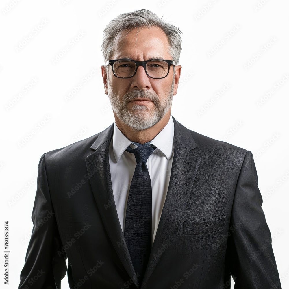 An experienced male executive in a classic suit, his gaze steady, embodying decades of corporate wisdom. on a white background An experienced male executive in a classic suit, his gaze steady, embodying decades of corporate wisdom. on a white background