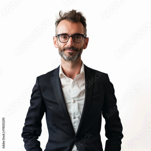 A tech startup founder in a minimalist, modern outfit, representing the new age of business leaders. on a white background