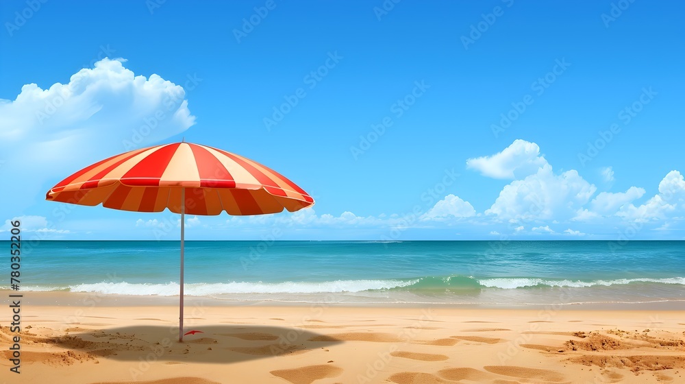 Vibrant Beach Umbrella Providing Shaded Refuge on Serene Tropical Shoreline