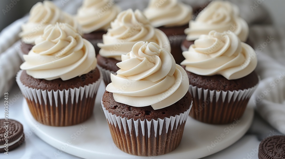 Chocolate cupcakes with whipped cream on marble table.