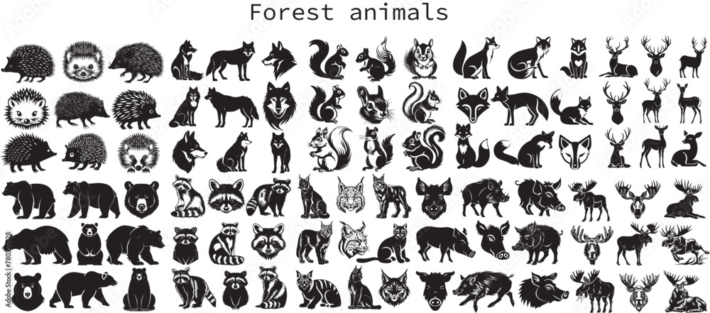Forest animals silhouettes collection. Isolated on White background ...
