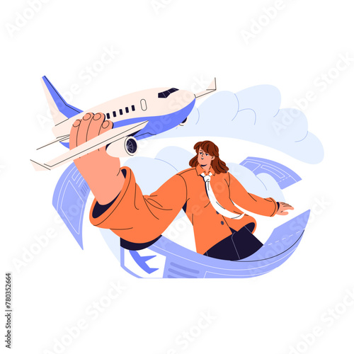 Airplane journey, tour concept. Pilot drives, controls plane, flies in the sky. People travel by aircraft. Passengers in flight on air transport. Flat isolated vector illustration on white background