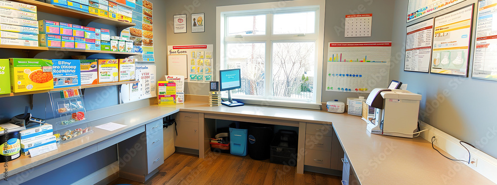 A nutritionist's office: Space with a desk, shelves stocked with dietary resources, a consultation area, and nutrition charts on the walls.