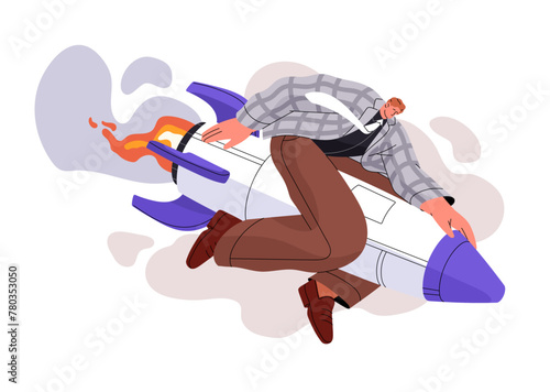 Fail of startup concept. Employee get failure in development, loss motivation. Problems of business project, crisis collapse. Rocket falls down, crashing. Flat isolated vector illustration on white