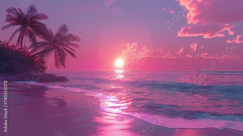 sunset on the beach with vaporwave tone color  suitable for wallpaper  posters  etc. Generative AI
