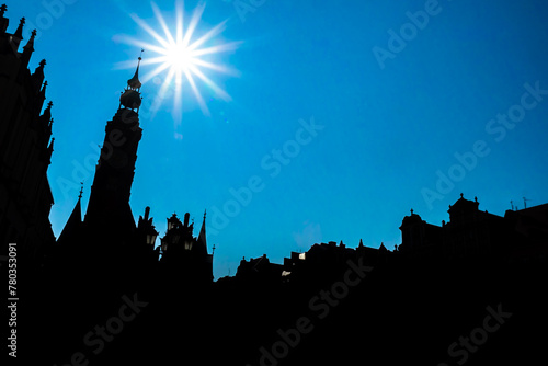 Wroclaw, Poland - Silhouette of downtown with sunshining from above 