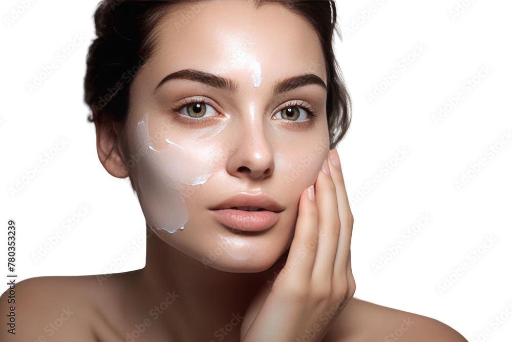 Woman applying facial cream Relaxing atmosphere, take care of yourself, Isolated on white background Woman applying facial cream Relaxing atmosphere, take care of yourself, Isolated on white background