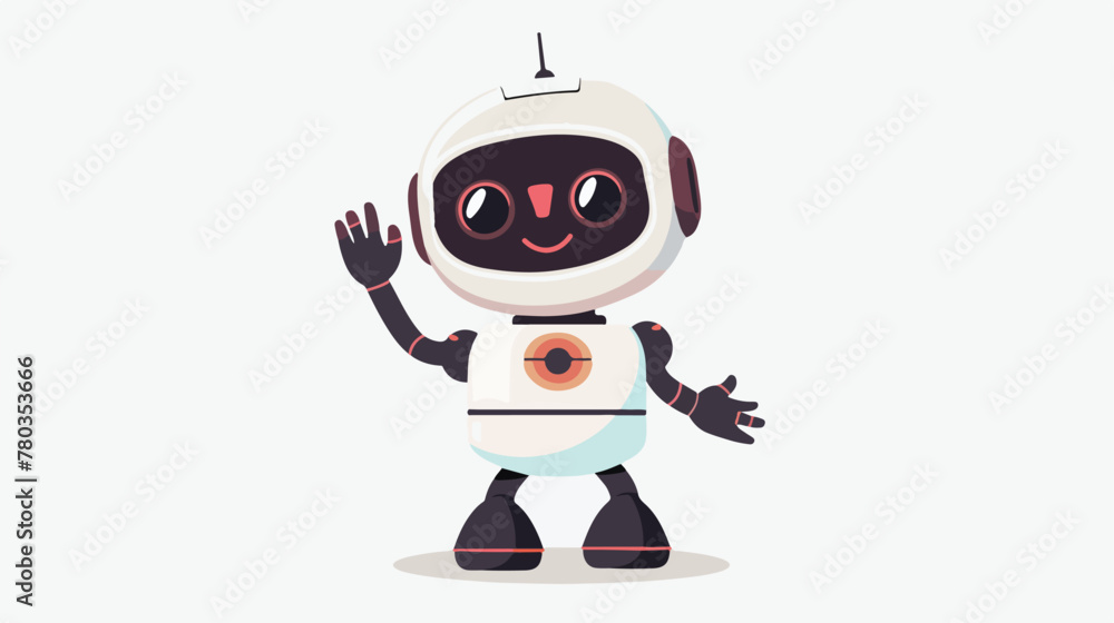 Cute happy funny cartoon baby robot character waving 