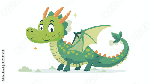 Cute green dragon cartoon flat vector isolated on white
