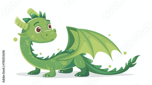 Cute green dragon cartoon flat vector isolated on white