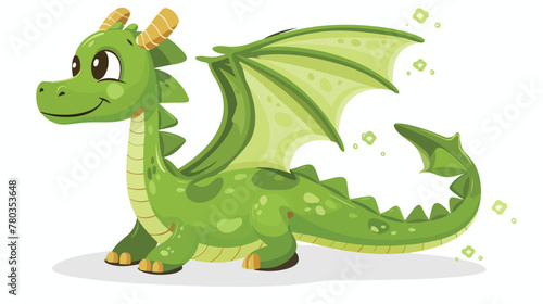 Cute green dragon cartoon flat vector isolated on white © Hassan