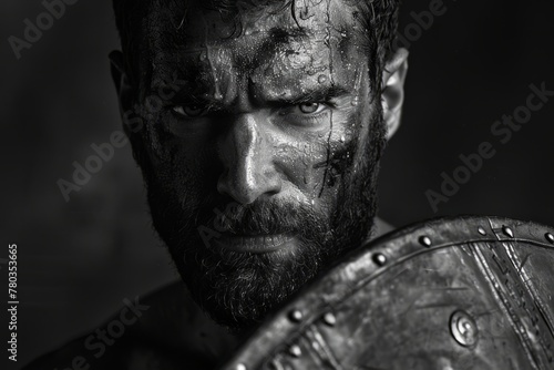 Spartan warrior portrait. With a shield and sword. High contrast black and white photo photo