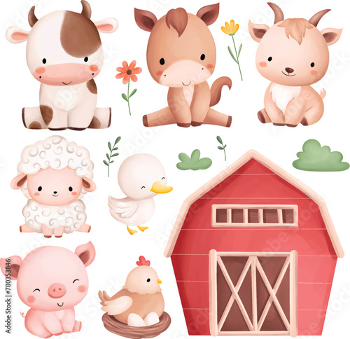 Watercolor Illustration Set of Cute Farm Animals and Elements