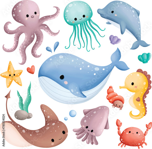 Watercolor Illustration Set of Cute Sea Creatures