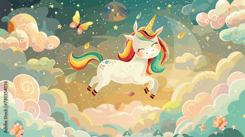 Cute little unicorn in the sky with a butterfly. Theme