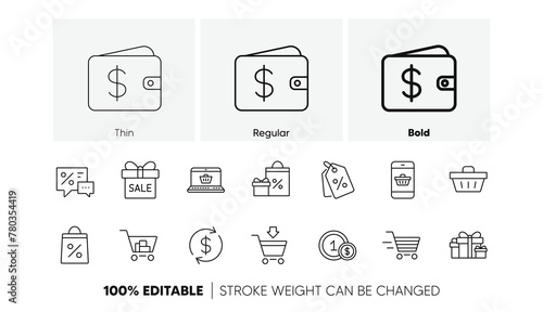 Gift, Percent sign and Sale discount. Shopping line icons. Delivery linear icon set. Line icons set. Vector