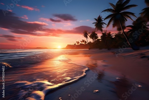 A beautiful sunset at a beach with palm trees and the ocean.