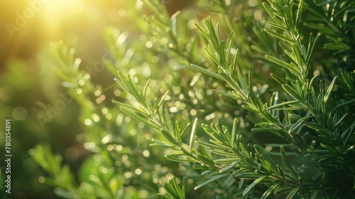 Fresh Rosemary Herb grow outdoor. Rosemary leaves Close-up.