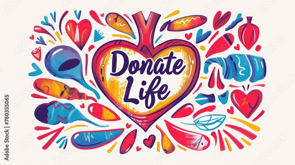 Vibrant Organ Donation Artwork. Artistic illustration featuring a large heart with 