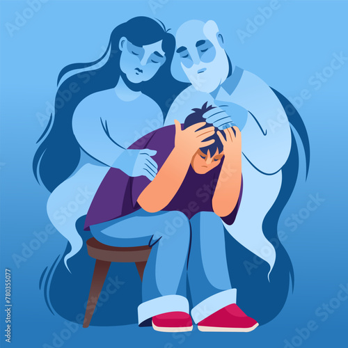 Spirits of parents support upset son, who is grieving death of mother and father and crying, sitting with head hanging down. Orphan boy suffers due to absence of parents after being sent to orphanage.