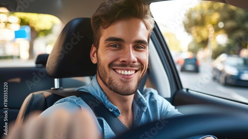 Handsome young man is driving a car and smiling driving a car with a clear view of the city through the window. showcasing safe driving with a seatbelt