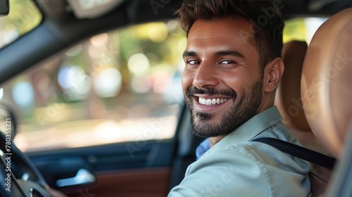 Handsome young man is driving a car and smiling driving a car with a clear view of the city through the window. showcasing safe driving with a seatbelt