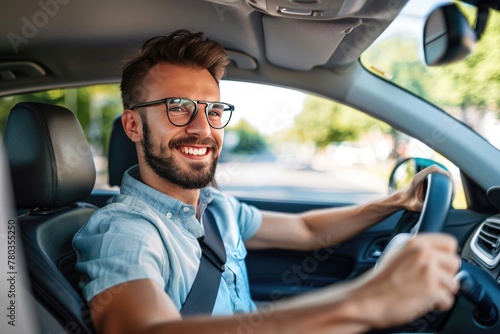 Handsome young man is driving a car and smiling driving a car with a clear view of the city through the window. showcasing safe driving with a seatbelt