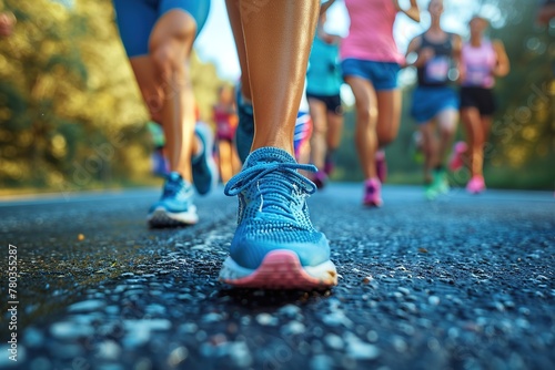 Close-up of a marathon female runner's blue running shoes on the asphalt, in front of a group of out of focus runners
