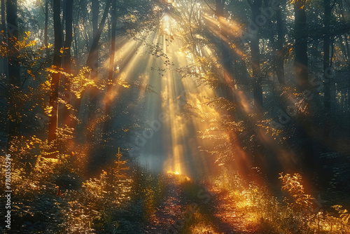 A mystical forest scene with sunlight filtering through the trees  casting enchanting shadows