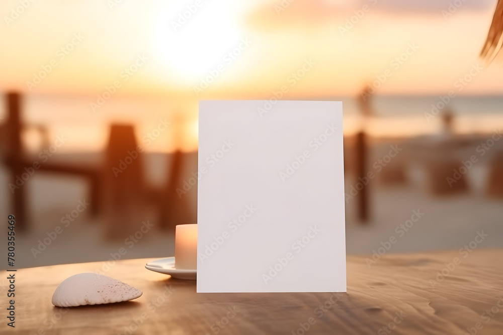 Blank menu frame on a wooden table in a beach bar restaurant. Mockup for display of design. Summer vacation and dining concept with copy space. Close-up with a blurred background Blank menu frame on a wooden table in a beach bar restaurant. Mockup for display of design. Summer vacation and dining concept with copy space. Close-up with a blurred background