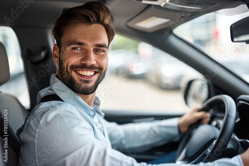 Handsome young man is driving a car and smiling driving a car with a clear view of the city through the window. showcasing safe driving with a seatbelt