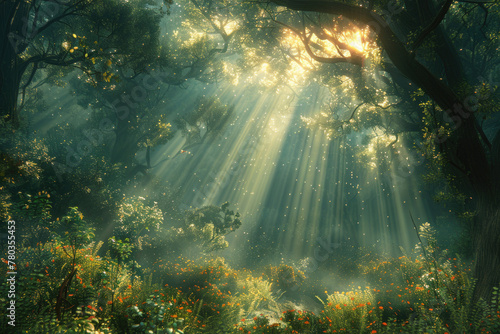 A mystical forest scene with sunlight filtering through the trees, casting enchanting shadows