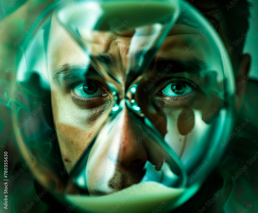 Man's face distorted through hourglass, concept of time and deadline. Man's face distorted through hourglass, concept of time and deadline.