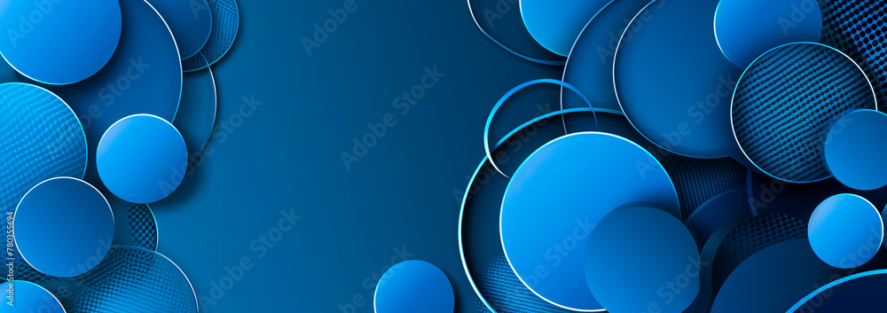 Abstract spheres with symmetrical blue lighting on dark background. Wide wallpaper with copy space. Abstract spheres with symmetrical blue lighting on dark background. Wide wallpaper with copy space.