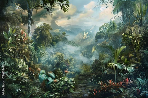 A tropical rainforest  with towering trees and exotic plants shrouded in a bright green canopy.