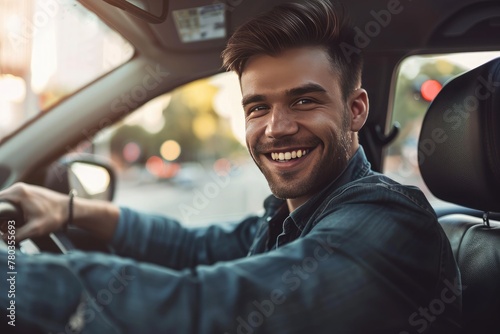 Handsome young man is driving a car and smiling driving a car with a clear view of the city through the window. showcasing safe driving with a seatbelt © ttonaorh