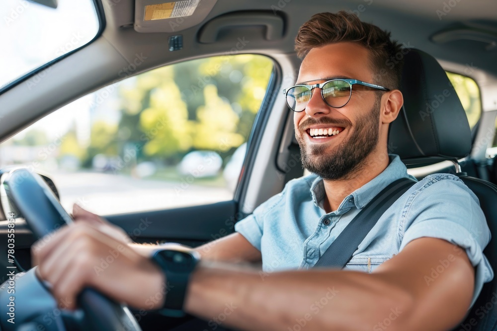 Handsome young man is driving a car and smiling driving a car with a clear view of the city through the window. showcasing safe driving with a seatbelt