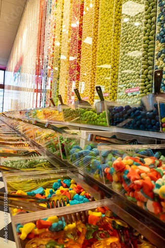 Bulk Candy Store - Assortment of candies inside fresh candy store - Sweet tooth and cravings for sugar
