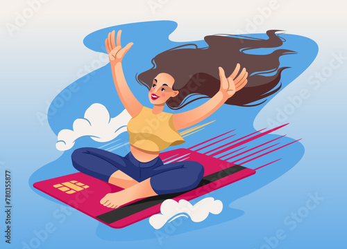 Woman flies through sky on plastic credit card, enjoying ease of making cashless payments. Cheerful girl uses credit card instead of airplane to travel world and visit different countries