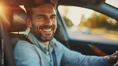 Handsome young man is driving a car and smiling driving a car with a clear view of the city through the window. showcasing safe driving with a seatbelt